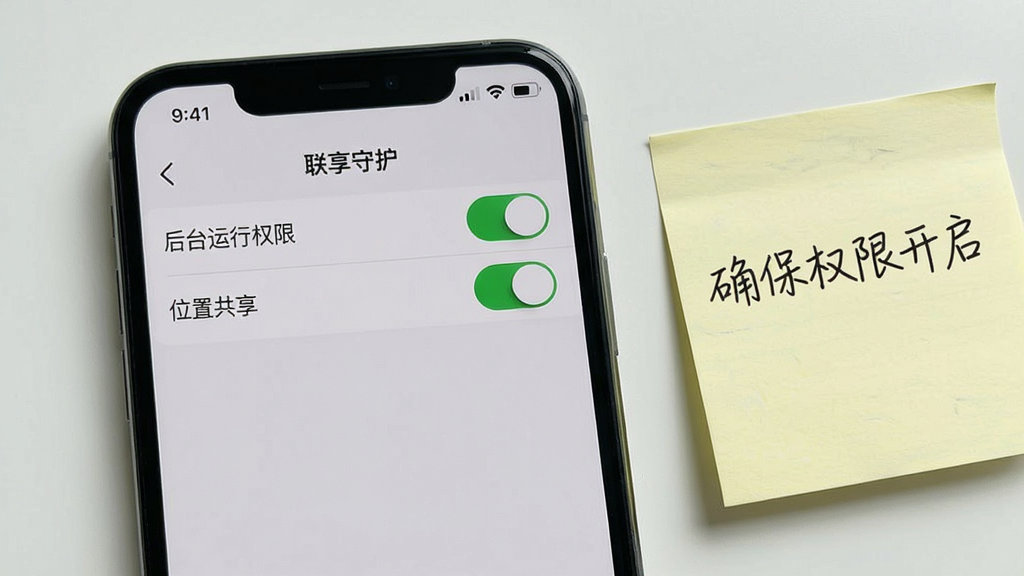 一张智能手机截图特写,画面显示“联享守护”APP的设置页面,页面顶部有一排功能开关,其中“后台运行权限”和“位置共享”开关处于开启状态,背景为浅灰色。手机旁边放着一张便签纸,上面手写着“确保权限开启”。布局为手机居中,简洁明快。风格为实拍风格,细节真实,画质干净,无多余元素。