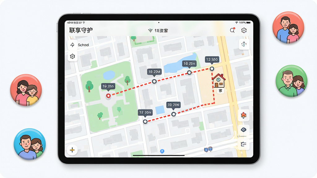 图片展示“联享守护”APP的轨迹回放界面,主体为一块平板电脑,屏幕上是城市地图,一条红色虚线标注出从学校到家的路线,路线上有多个时间点标记。平板周围散落着几枚代表家庭成员的圆形小磁贴。布局以平板为中心,俯拍视角。排版上地图信息占满屏幕,清晰易读。风格为现代扁平化UI设计展示图,色彩明快,细节丰富,画质干净,无多余元素。