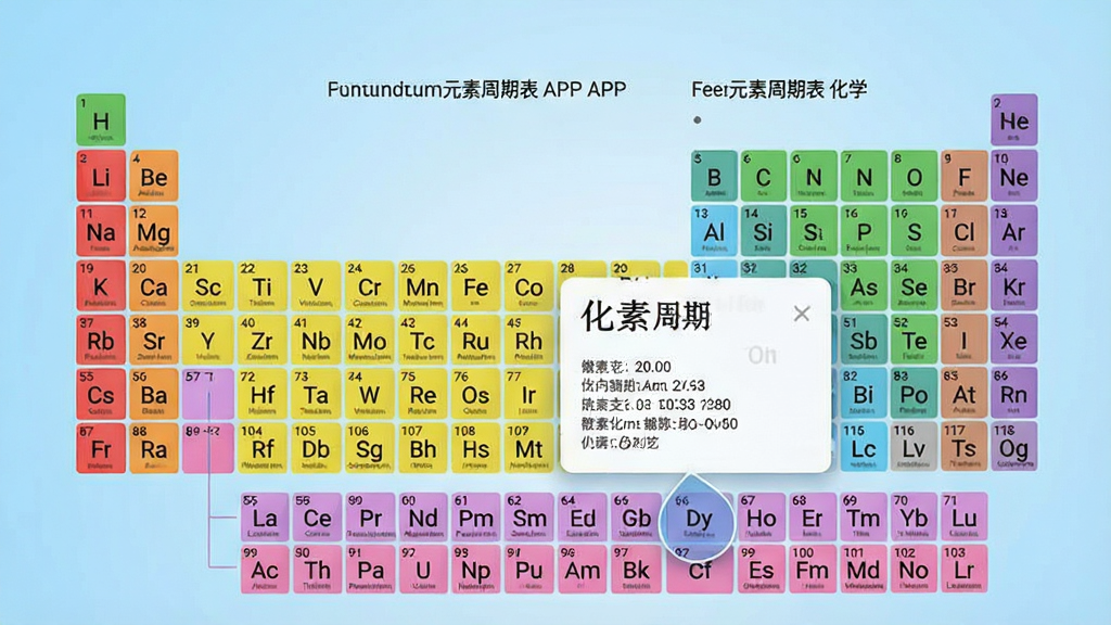 一幅现代简约风格的手机应用界面预览图,展示“元素周期表 化学”APP的主界面,彩色元素周期表网格清晰可见,点击某个元素弹出详细信息卡片,背景为浅蓝色渐变,整体布局清爽,科技感与教育感兼具,高清渲染,干净无多余元素