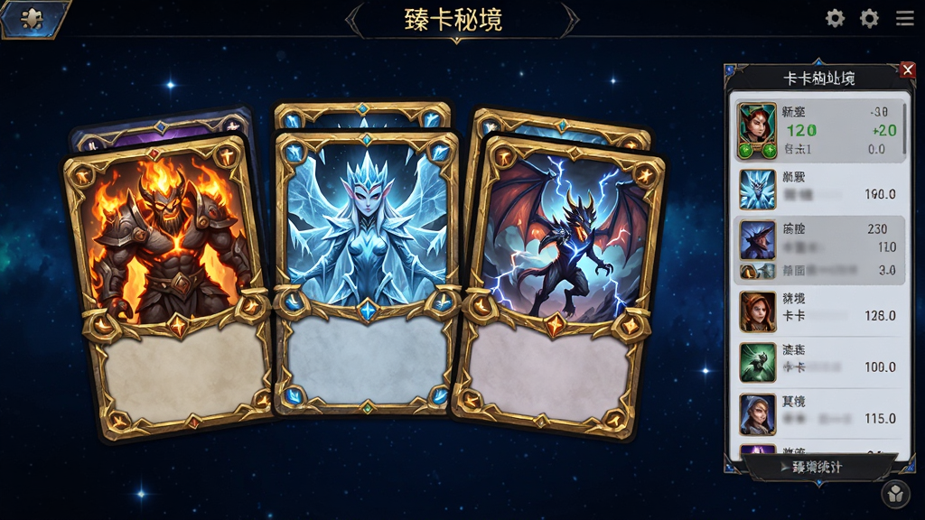 ���鿨�ؾ������ƹ������棬��������չʾһ�鿨�ƣ�����������в�ͬ����ͼ�����������ˡ���˪���顢�׵�����ȣ����Ʊ�Ե��Ƕ��ɫ�߿򣬽����Ҳ��п���ͳ����壬����Ϊ����ɫ�ǿգ�UI��ƾ��£�ɫ�ʶԱ�ǿ�ң�ϸ�ڷḻ�����ʸ��壬�ɾ��޶���Ԫ�ء�