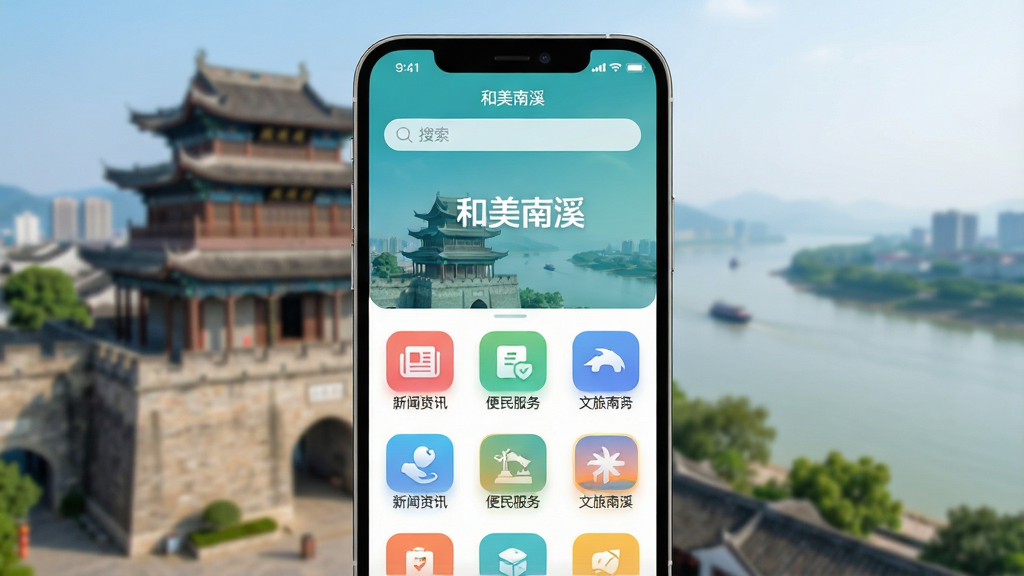 一张展示智能手机屏幕的图片,屏幕正中央显示“和美南溪”APP的首页界面,界面设计简洁现代,以蓝绿色为主色调,顶部是搜索栏,下方排列着“新闻资讯”、“便民服务”、“文旅南溪”等彩色功能图标,背景是虚化的南溪古城楼和长江景观,整体风格清新明亮,画质干净,无多余元素。