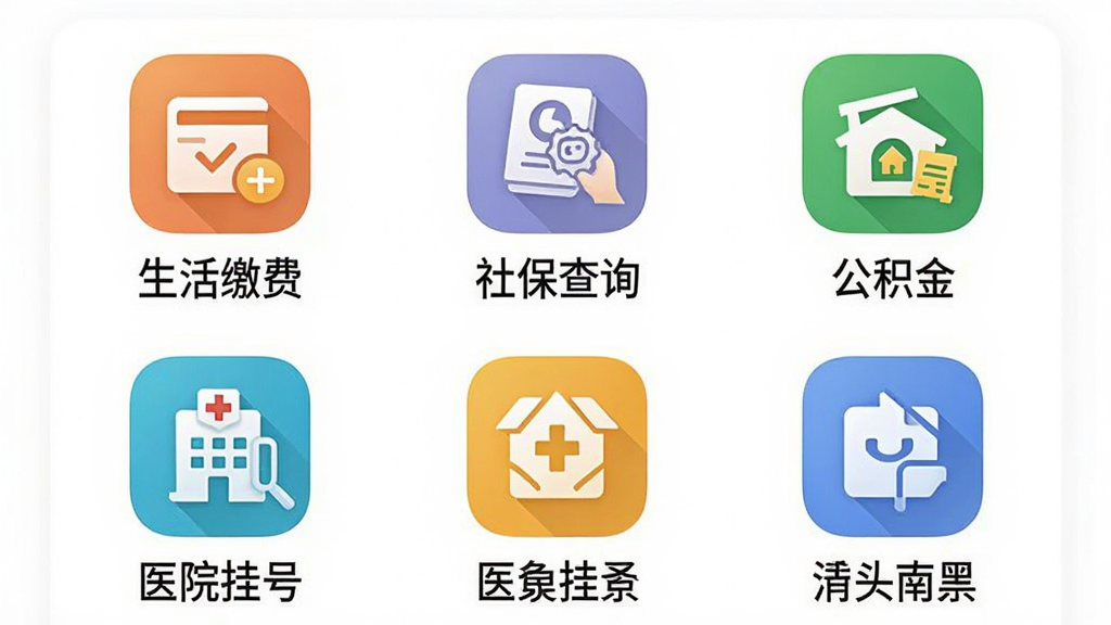 一张展示“和美南溪”APP便民服务功能界面的图片,界面以九宫格形式整齐排列着“生活缴费”、“社保查询”、“公积金”、“医院挂号”等图标,图标色彩鲜明,背景为白色,整体设计简洁清晰,画质干净,无多余元素。