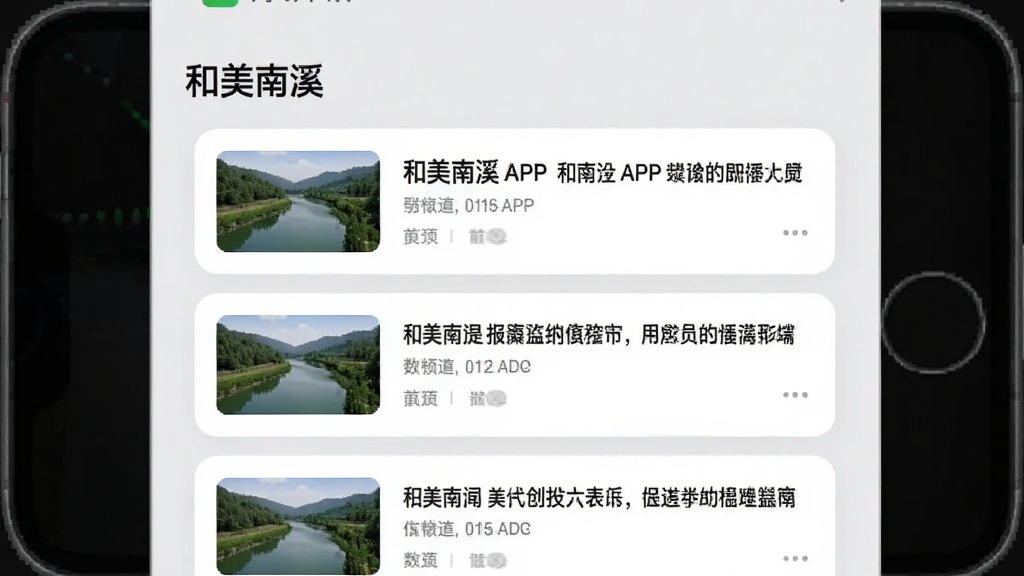 一幅展示“和美南溪”APP资讯频道的界面预览图,界面以列表形式清晰排列着多条新闻卡片,每条卡片配有简洁的缩略图和标题,背景为浅灰色,卡片采用白色圆角设计,整体风格简约商务,画质干净,无多余元素。