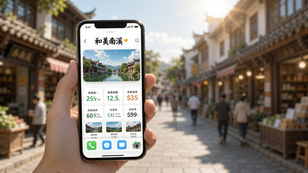 一幅展示“和美南溪”APP在手机上运行的使用场景图,手机被握在手中,屏幕显示着“和美南溪”的首页,背景是模糊的南溪街头实景,阳光明媚,整体画面构图自然,画质干净,无多余元素。