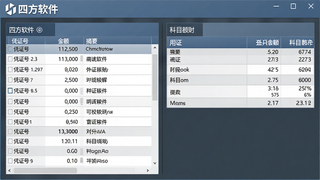 主体为四方软件财务记账界面,屏幕上显示凭证列表与科目余额表,布局采用左右分栏。风格为商务蓝灰配色,界面元素清晰,细节包括凭证号、金额、摘要等字段。画面干净无多余元素,画质高清,突出“四方软件”品牌标识。