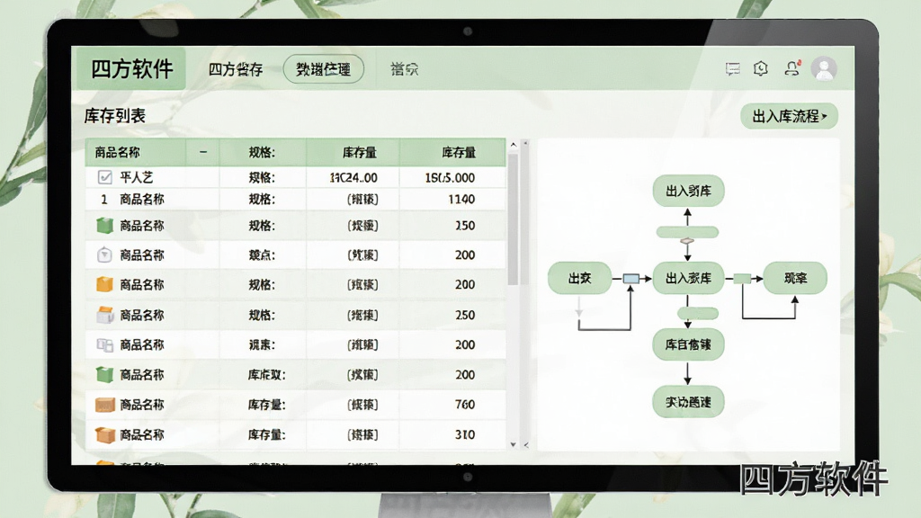 主体为四方软件进销存管理模块,屏幕展示库存列表与出入库流程图,布局为顶部导航加下方数据表格。风格为清新淡雅的浅绿色调,细节包括商品名称、规格、库存量。画面干净无多余元素,画质高清,带有“四方软件”水印。