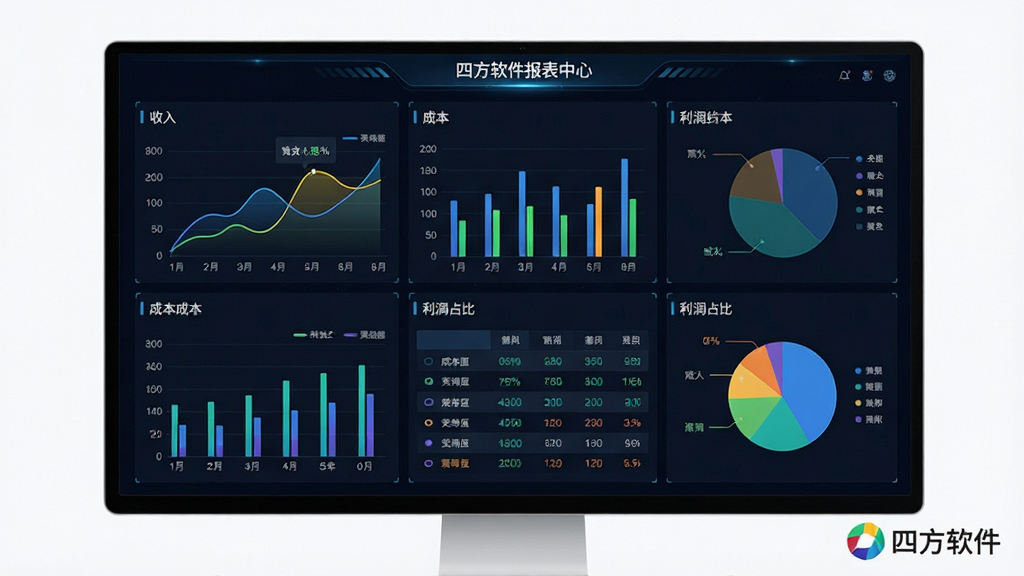 主体为四方软件报表中心,屏幕展示多张图表与数据透视表,布局为仪表盘风格。风格为现代科技感,深色背景搭配亮色数据图表,细节包括收入曲线、成本柱状图、利润占比饼图。画面干净无多余元素,画质高清,角落有“四方软件”Logo。