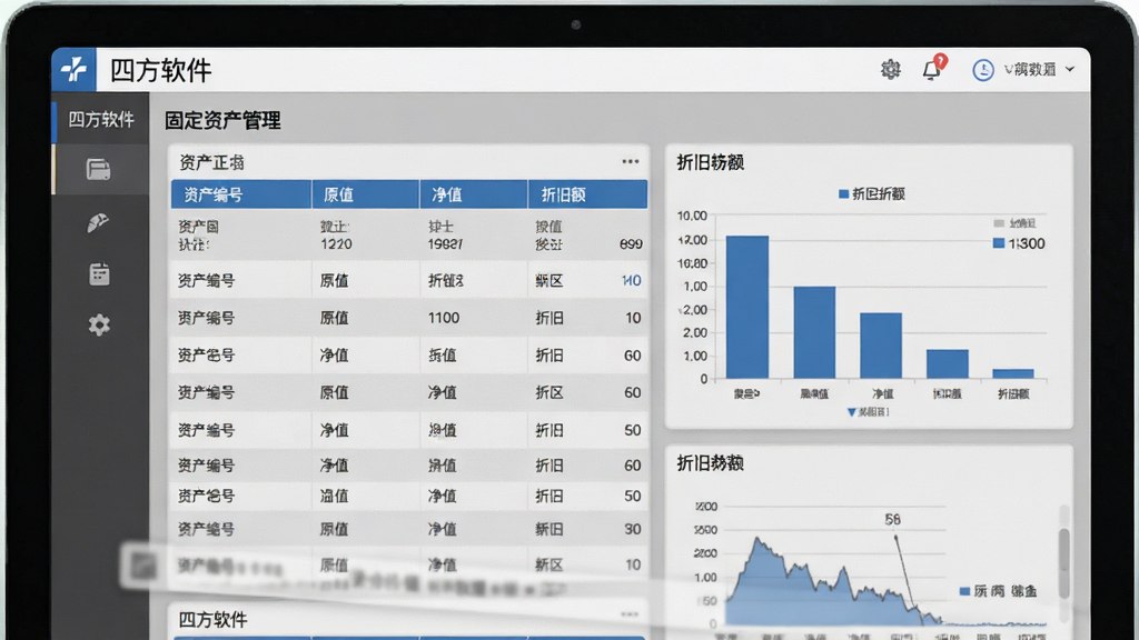 主体为四方软件固定资产管理界面,屏幕显示资产卡片列表与折旧图表,布局为卡片式布局。风格为简约商务风,以灰色与蓝色为主,细节包括资产编号、原值、净值、折旧额。画面干净无多余元素,画质高清,包含“四方软件”字样。