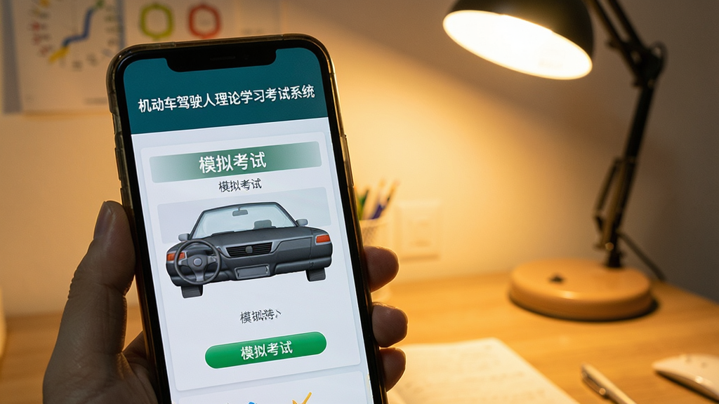一张展示机动车驾驶人理论学习考试系统在手机上运行的实拍图,手机屏幕中显示模拟考试界面,背景为书桌和台灯,画面温馨,文字清晰可见“机动车驾驶人理论学习考试系统”和“模拟考试”字样,整体风格写实,画质干净,无多余元素。