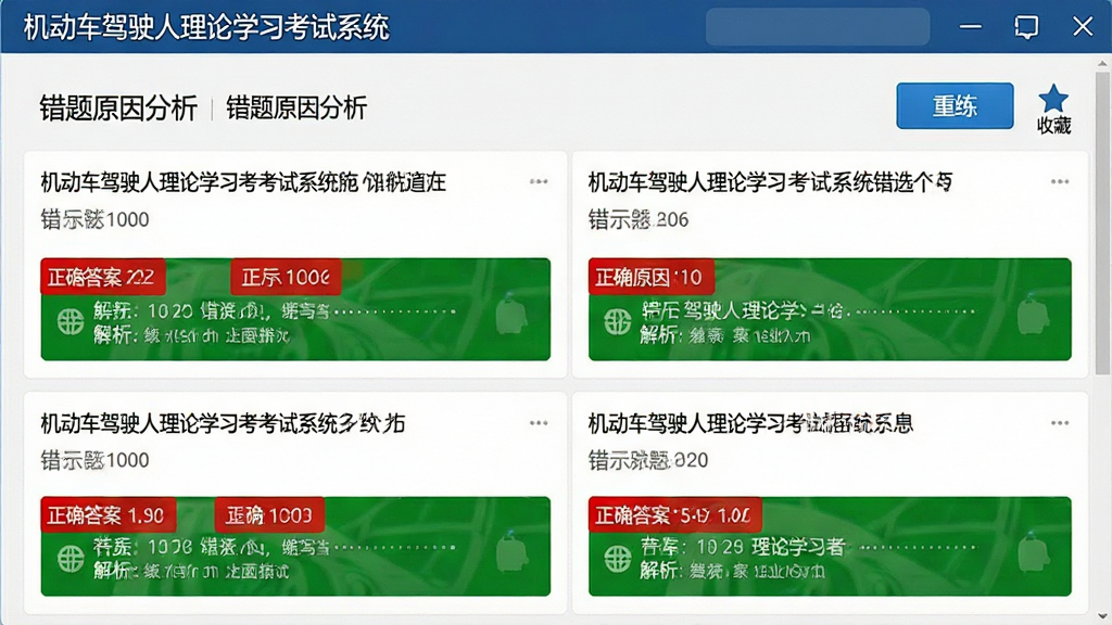 一张机动车驾驶人理论学习考试系统错题本界面的截图,界面显示错题列表、错题原因分析、重练按钮和收藏图标,每个题目下方有红色标记的正确答案和绿色解析,整体设计简洁明了,顶部有软件名“机动车驾驶人理论学习考试系统”,画质干净,无多余元素。