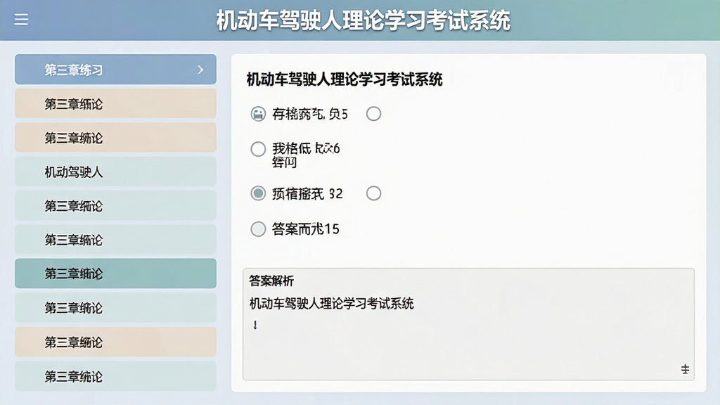 一张机动车驾驶人理论学习考试系统章节练习界面的截图,左侧显示章节列表,右侧显示题目和选项,题目下方有答案解析区域,界面配色柔和,顶部有“机动车驾驶人理论学习考试系统”名称,画质清晰,无多余元素。