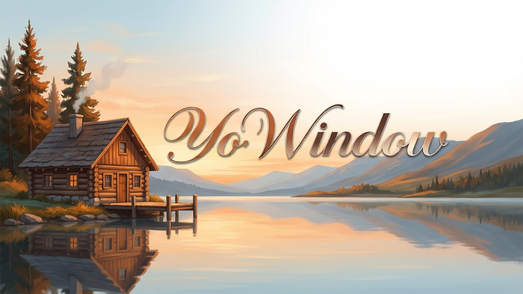 一幅精美的风景画作为电脑桌面背景,画面左侧是宁静的湖畔小屋,右侧是起伏的远山,天空部分留白。画面中央有醒目的艺术字标题“YoWindow”,字体风格优雅流畅,整体色调以暖橙色和淡蓝色为主,营造出清晨或黄昏的宁静氛围。布局平衡,主体突出,排版简洁大气。风格为高清数字绘画,细节丰富,画质清晰干净,无多余元素。