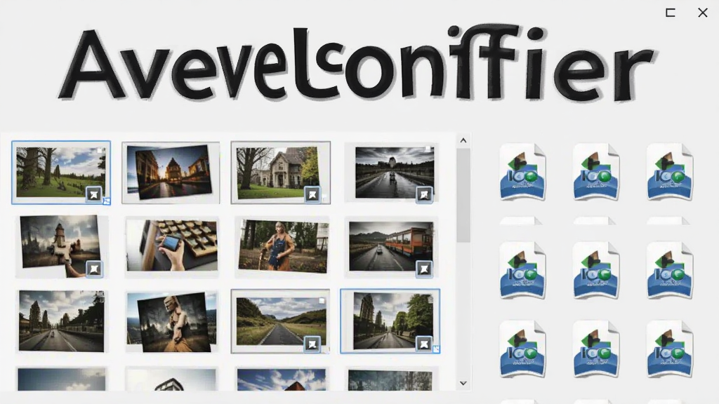 AveIconifier批量转换功能示意图,界面上显示多张图片缩略图同时被选中,右侧生成对应的ICO文件图标,背景为淡灰色,突出软件名称AveIconifier,画面整洁,无多余元素