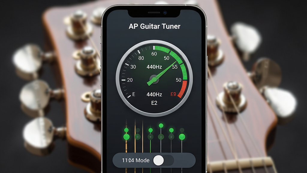 主体:手机屏幕上显示AP Guitar Tuner调音界面,界面中央有一个圆形仪表盘,指针指向绿色区域,周围有频率数字显示,下方是六根弦的指示灯,全部为绿色。布局:手机竖屏居中,背景为模拟吉他琴头特写,模糊处理,突出屏幕内容。排版:屏幕UI布局清晰,顶部有“AP Guitar Tuner”标题,底部有调音模式切换按钮。风格:现代扁平化风格,色彩鲜明,界面元素圆润。画质:高清,干净,无多余元素,视觉焦点集中在调音界面。文字:屏幕显示“AP Guitar Tuner”、“440Hz”、“E2”等字样。
