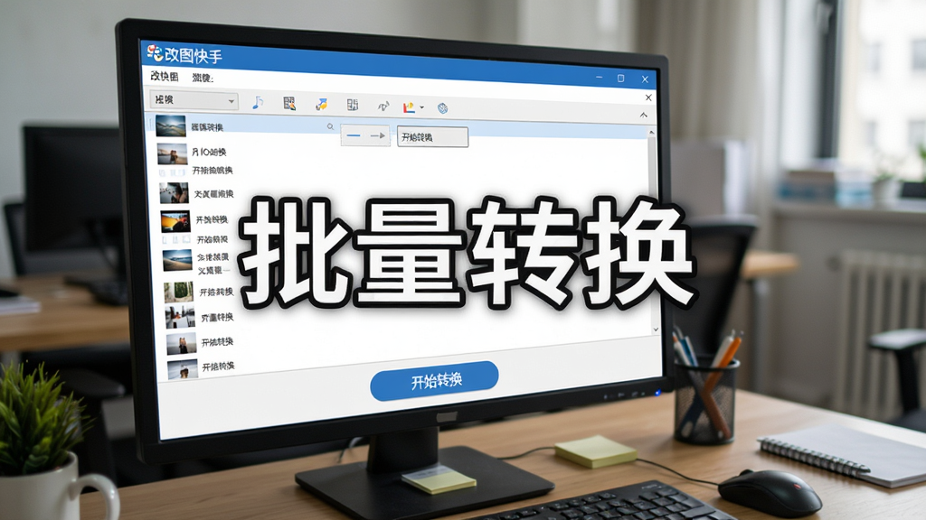 展示改图快手(Image Converter One)批量处理场景,电脑屏幕上显示软件界面,列表中多张图片文件名,底部有“开始转换”按钮,背景为办公桌面,界面简洁,文字标注“批量转换”,画质清晰,无多余元素