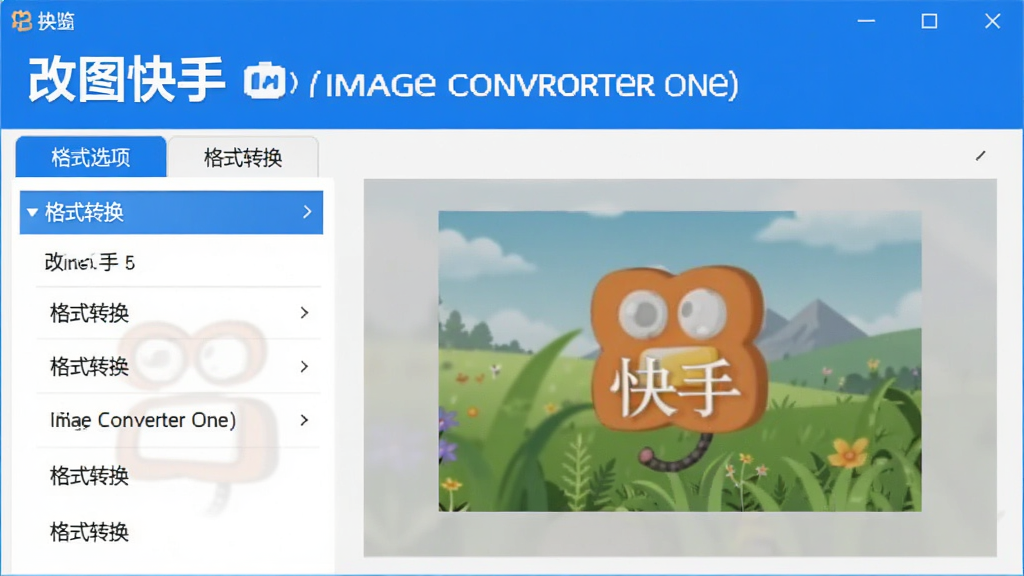 画面中央展示改图快手(Image Converter One)软件主界面,左侧为格式转换选项卡,右侧为预览区,界面风格简洁明快,蓝色主色调,文字标注“改图快手(Image Converter One)”与“格式转换”字样,布局清晰,画质干净,无多余元素