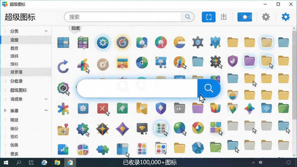 主体:一款名为“超级图标”的Windows桌面美化软件的主界面,展示着海量图标资源,界面中央有一个巨大的搜索框,界面两侧分类排列着各种精美的应用图标和文件夹图标,布局清晰。排版:界面采用左右分栏布局,左侧为分类导航,右侧为图标瀑布流展示,顶部为搜索栏和功能按钮。风格:扁平化设计,色彩明快,现代感强,UI细节精致。细节:图标库中各种颜色、形状的图标错落有致,鼠标悬停的图标有高亮光晕效果,界面底部显示“已收录100,000+图标”字样。画质:4K超高清,画面干净整洁,无多余元素。