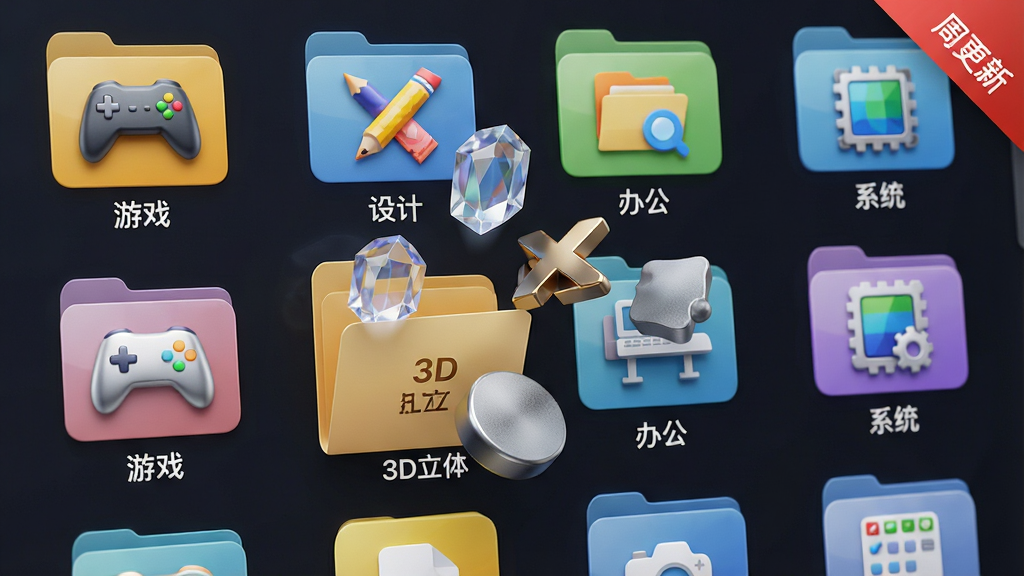 主体:超级图标软件的资源库浏览页面,展示着“游戏”、“设计”、“办公”、“系统”等多个分类文件夹,每个分类下都有代表性的精美图标特写。布局:网格状排列,每个图标下方有名称标签,页面右上角有“周更新”的红色角标。风格:高清写实风格,光影效果逼真,色彩鲜艳。细节:一个名为“3D立体”的文件夹被打开,里面悬浮着各种立体质感的图标,有水晶质感、金属质感、磨砂质感等。画质:8K超清,画面干净,无多余元素。