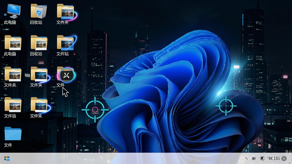 主体:一台运行Windows 11的电脑桌面,桌面上使用了超级图标软件设置的“赛博朋克”风格主题,所有图标包括“此电脑”、“回收站”、“文件夹”都呈现霓虹发光效果。布局:桌面壁纸为暗色赛博朋克城市夜景,图标整齐排列在屏幕左侧。风格:赛博朋克风,霓虹色彩,高对比度,充满未来科技感。细节:文件夹图标内部隐约可见文件缩略图,动态图标有流光效果,鼠标指针变为科技感十字准星。画质:4K高清,画面干净,无多余元素。