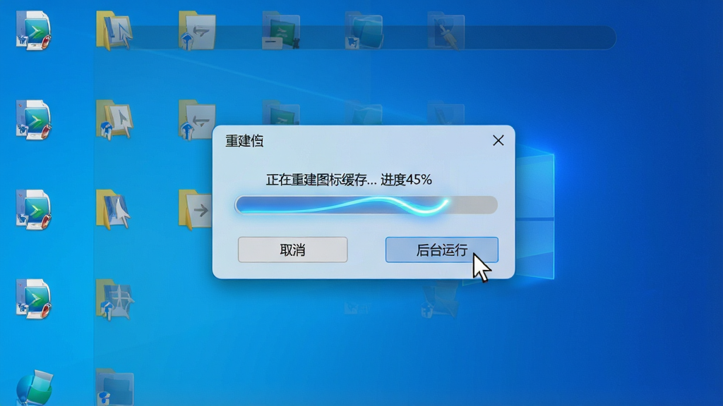 主体:一台笔记本电脑的桌面,正在使用超级图标软件的“重建图标缓存”功能,屏幕上弹出一个进度条对话框,周围桌面图标呈现半透明状态。布局:对话框居中,显示“正在重建图标缓存... 进度45%”,桌面背景为纯净的蓝色渐变。风格:科技感UI,界面简约,进度条有流动光效。细节:对话框下方有“取消”和“后台运行”两个按钮,鼠标指针停留在“后台运行”上。画质:高清,画面干净,无多余元素。