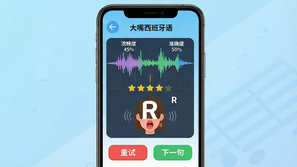 主体:手机屏幕展示“大嘴西班牙语”的发音评测界面,界面中有波形图、评分星星和“R”字母的大舌音示意图。布局:手机居中,背景为浅蓝色渐变。排版:界面下方有红色“重试”和绿色“下一句”按钮,左上角有返回箭头。风格:扁平化设计,色彩活泼。细节:波形图上标注“流畅度”“准确度”百分比,模拟真人发音动画。画质:清晰,干净,无多余元素。