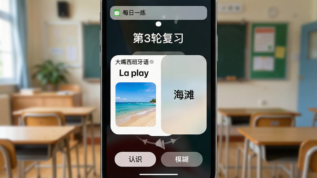 主体:智能手机锁屏界面显示“大嘴西班牙语”的单词卡片,正面是“La playa”和海滩图片,背面翻转效果展示中文“海滩”。布局:手机竖屏居中,背景为模糊的教室环境。排版:卡片上方有“第3轮复习”字样,下方有“认识”“模糊”两个按钮。风格:简洁清爽,卡片圆角设计。细节:卡片翻转动画示意,顶部有通知栏“每日一练”提醒。画质:干净,无多余元素。