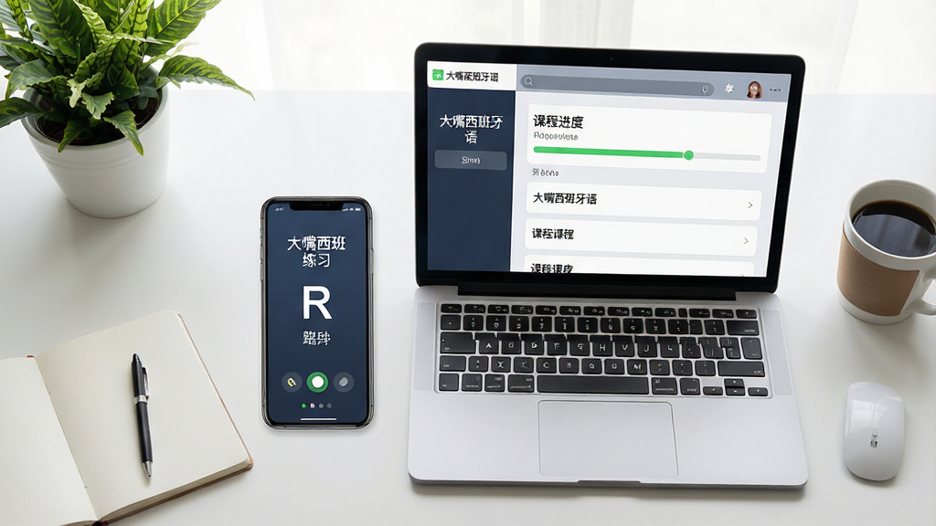 主体:一部手机和一台笔记本电脑并排放在书桌上,屏幕均显示“大嘴西班牙语”的学习界面,手机上是单词跟读,电脑上是课程列表。布局:俯拍视角,设备居中,背景为简洁的书桌和绿植。排版:手机屏幕显示“R”发音练习,电脑屏幕显示课程进度条。风格:写实摄影风格,光线明亮。细节:设备旁边有笔记本和咖啡杯,界面清晰可见。画质:高清,干净,无多余元素。