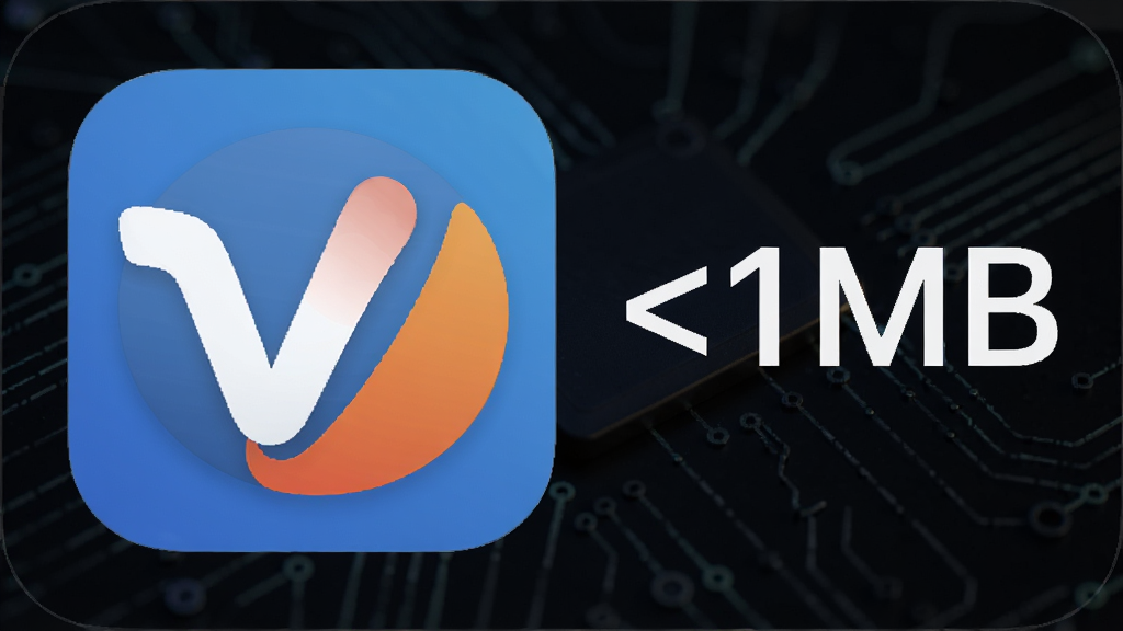 Via浏览器安装包大小对比图,左侧为Via浏览器图标,右侧显示“<1MB”字样,背景为深色科技感纹理,图表简洁明了,突出轻量化特点,高分辨率,画质干净,无多余元素