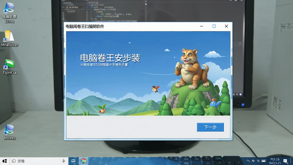 一张电脑阅卷王扫描仪版软件安装步骤的截图示意,显示安装向导界面,有“下一步”按钮,背景为干净的桌面环境,风格写实,画质清晰,无多余元素