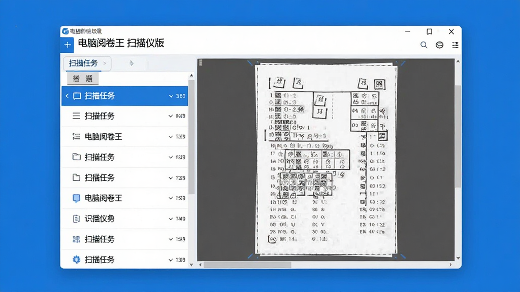 一张现代简约风格的软件界面预览图,主体为电脑阅卷王扫描仪版主窗口,左侧显示扫描任务列表,右侧展示答题卡图像与识别结果,布局清晰,蓝白配色,界面干净整洁,画质清晰,无多余元素,图片中显示文字“电脑阅卷王 扫描仪版”