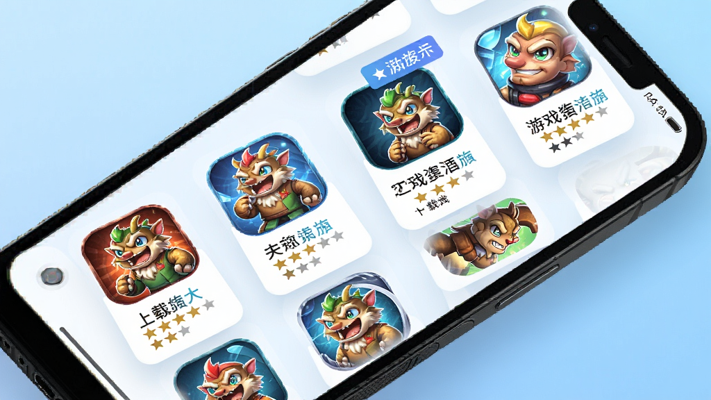 一张以游戏资源展示为主题的图像,主体为手机屏幕中排列着多款游戏图标,周围有下载数量与评分标签,背景为浅蓝色渐变,排版整齐,风格现代,细节丰富,画质干净,无多余元素