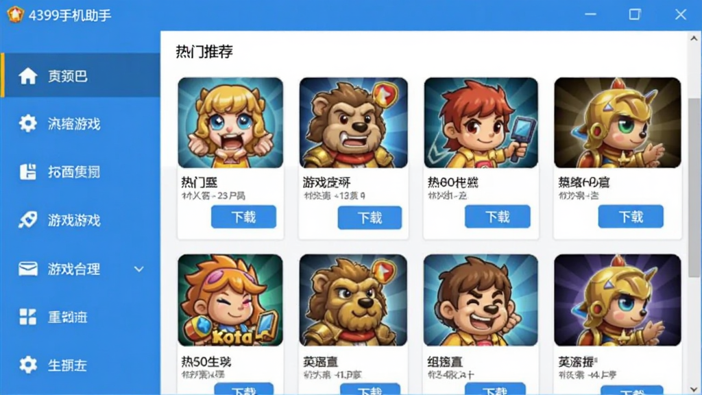 一张展示4399手机助手主界面的截图风格图像,主体为软件主窗口,左侧分类导航栏,右侧游戏推荐列表,包含热门游戏图标与下载按钮,布局清晰,扁平化设计,配色以蓝白为主,画质干净,无多余元素