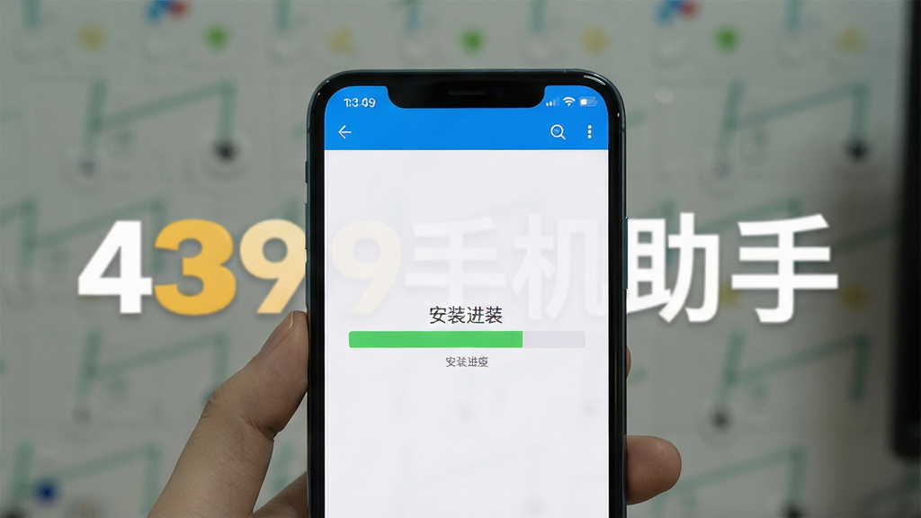 一张展示手机端安装游戏过程的图像,主体为手机屏幕显示安装进度条,背景有“4399手机助手”字样,布局居中,风格写实,细节清晰,画质干净,无多余元素