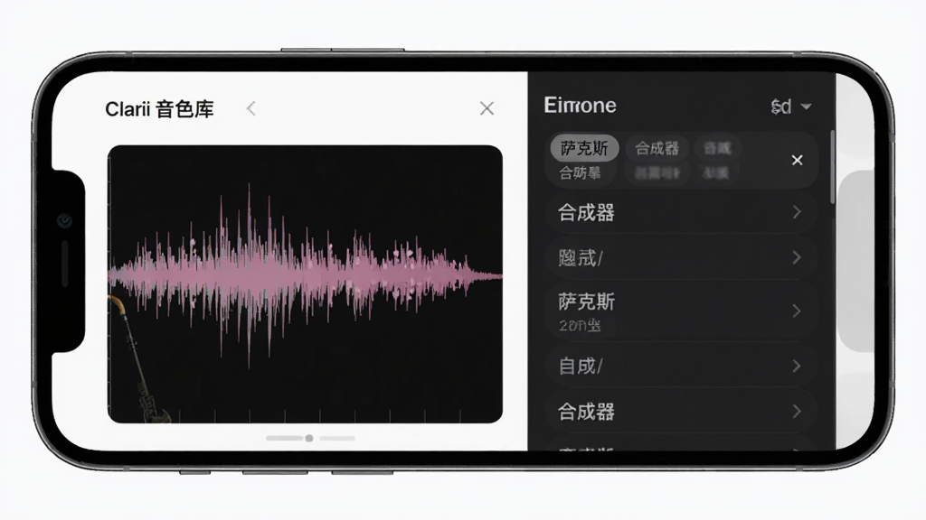 Clarii音色库界面,主体为手机屏幕展示音色波形图与分类列表,布局左右分栏,排版整齐,风格简约,细节显示