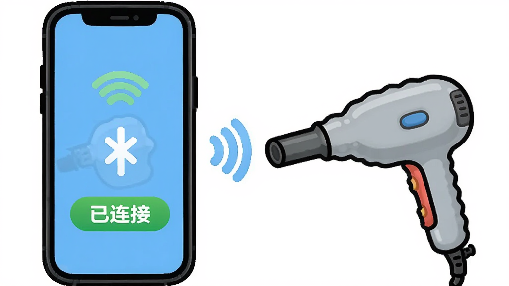 Clarii设备连接示意图,主体为手机与电吹管蓝牙配对动画,布局左右呼应,排版直观,风格卡通,细节包含信号图标与