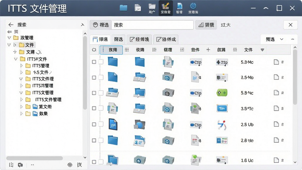 ITTS文件管理功能界面预览图,左侧为文件树状目录,右侧为文件列表,顶部有搜索栏和筛选标签,文件图标清晰可辨,整体布局规整,风格简洁,文字标注