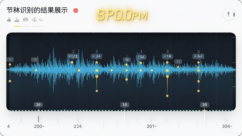 主体为节拍识别结果展示,带有BPM数值高亮显示;布局为波形图与节拍标记点;排版为横向滚动时间轴;风格为明亮简洁;细节包含节拍点上的数字标签;画质清晰,干净,无多余元素