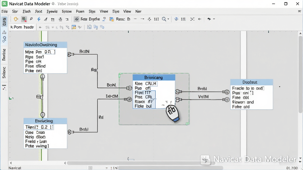 一张Navicat Data Modeler中编辑ER图的特写,鼠标正拖拽一个新表格到画布上,画布中已有多个数据表通过外键连线关联,线条清晰标注了关系类型,界面风格简洁现代,软件名称“Navicat Data Modeler”作为水印在右下角,画质干净