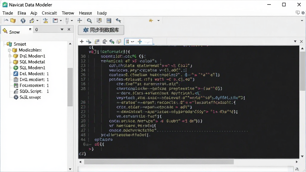 展示Navicat Data Modeler生成SQL脚本的界面,左侧是模型对象列表,右侧大块区域显示着高亮语法的SQL代码窗口,上方有“同步到数据库”的按钮,整体界面干净整洁,软件名称“Navicat Data Modeler”在顶部菜单栏可见,画质清晰