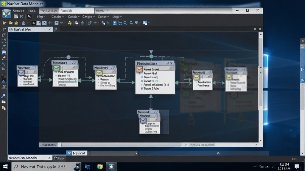 一张显示Navicat Data Modeler在Windows系统上运行的截图,任务栏显示软件图标,主窗口展示了一个完整的数据库模型图,背景为干净的工作桌面,整体氛围专业高效,软件名称“Navicat Data Modeler”在窗口标题栏清晰可见