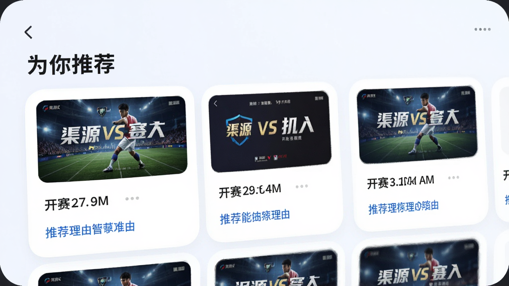 手机APP界面截图,展示“渠源赛事”的智能推荐板块,界面采用卡片式布局,顶部有“为你推荐”标题,下方是几场不同的比赛卡片,每张卡片配有赛事海报缩略图、对阵双方名称和开赛时间,推荐理由以蓝色小字标注,整体色调清新,UI设计圆润,画质高清,干净