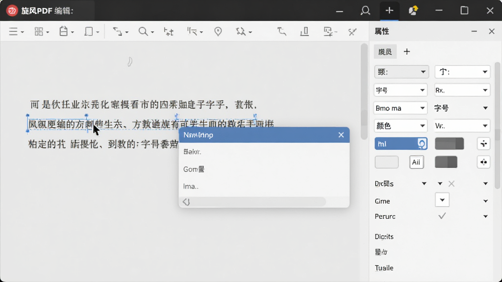 特写旋风PDF编辑器文字编辑功能,鼠标光标选中一段文字,弹出编辑框,右侧属性面板显示字体、字号、颜色等选项。背景为浅灰色工作区,界面清晰,画质细腻,干净无多余元素。