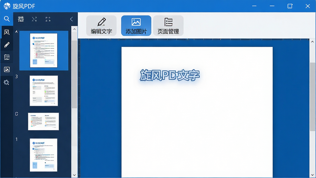 画面中央展示旋风PDF编辑器主界面,左侧为页面缩略图栏,右侧为文档编辑区,工具栏清晰标注“编辑文字”“添加图片”“页面管理”等按钮。整体风格简洁明亮,采用蓝白配色,界面布局规整,无多余元素,高清画质,干净无杂物。