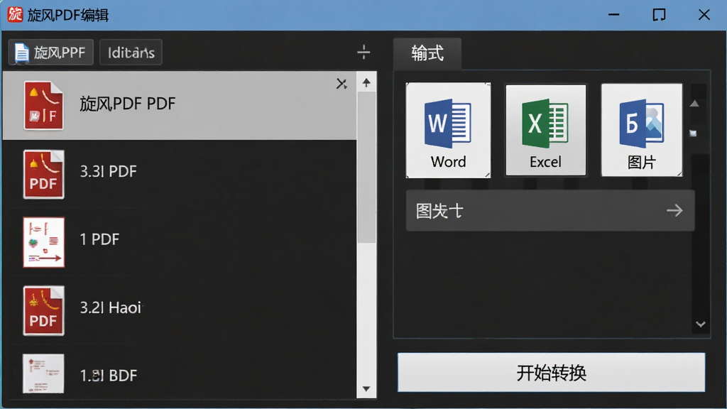 旋风PDF编辑器格式转换界面,左侧文件列表显示多个PDF文件,右侧输出格式选择“Word”“Excel”“图片”等选项,底部有“开始转换”按钮。界面简洁,操作直观,画质清晰。