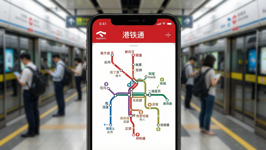 一张现代感十足的智能手机屏幕特写,屏幕正中央显示“港铁通”APP的线路规划界面,界面以港铁经典红色与白色为主色调,清晰展示荃湾线、观塘线等多条线路交汇,背景为模糊的香港中环地铁站台,乘客身影穿梭,整体布局简洁,风格明亮写实,画质高清干净,无多余元素