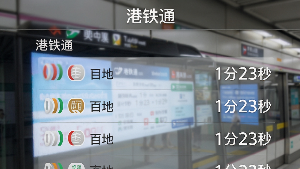 手机应用界面截图风格图片,顶部显示“港铁通”字样,中间为某港铁站点的实时到站信息列表,每行显示线路颜色、目的地和倒计时秒数如“1分23秒”,背景为模糊的港铁月台LED显示屏,整体界面清晰,数据感强,风格现代简洁,画质干净无多余元素