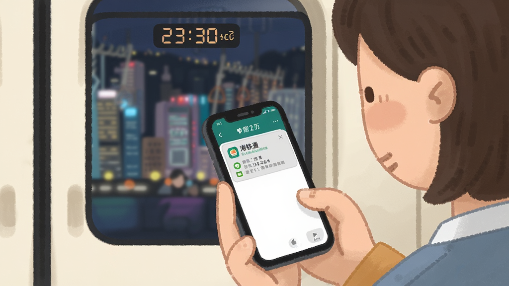 一幅温馨的插画风格图片,画面中一位乘客在港铁车厢内看着手机,手机屏幕显示“港铁通”的行程提醒通知,背景是香港夜晚的城市灯光透过车窗,时间显示23:30,整体色调柔和,突出提醒功能的安全感,画质干净无多余元素