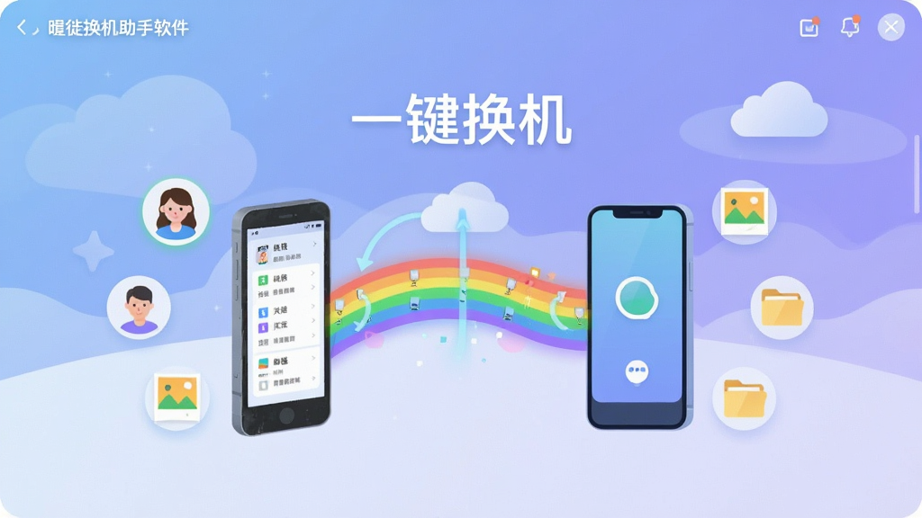 主体:徙换机助手软件主界面,展示手机数据迁移的流畅线条与云朵图标。布局:界面中央是两部手机模型,旧手机数据通过一条发光的彩虹桥传输至新手机,周围点缀联系人、照片、文件等小图标。排版:现代化UI设计,功能分区明确,色彩清新明亮。风格:科技感、简约、扁平化插画风格。细节:画面干净,突出“一键换机”字样,背景为柔和的渐变蓝紫色。画质:高清,干净,无多余元素。