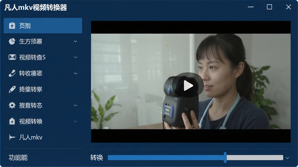 一张展示凡人mkv视频转换器主界面的高清截图,界面布局清晰,左侧为功能列表,右侧为视频预览窗口,下方为转换进度条,整体风格简约现代,以深蓝色为主色调,突出软件名称“凡人mkv视频转换器”,画质清晰,无多余元素