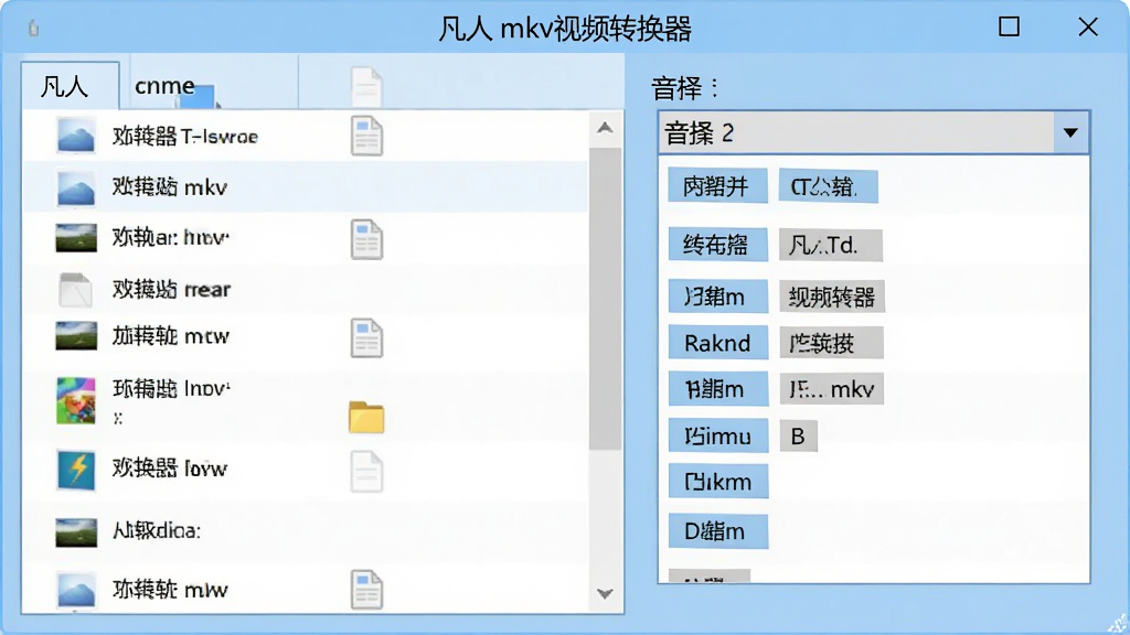 一个展示凡人mkv视频转换器音轨提取功能的界面,左侧为文件列表,右侧显示音轨选择下拉菜单,包含多种语言标签,背景为浅蓝色调,软件名称“凡人mkv视频转换器”置于顶部中央,画质干净,无多余元素